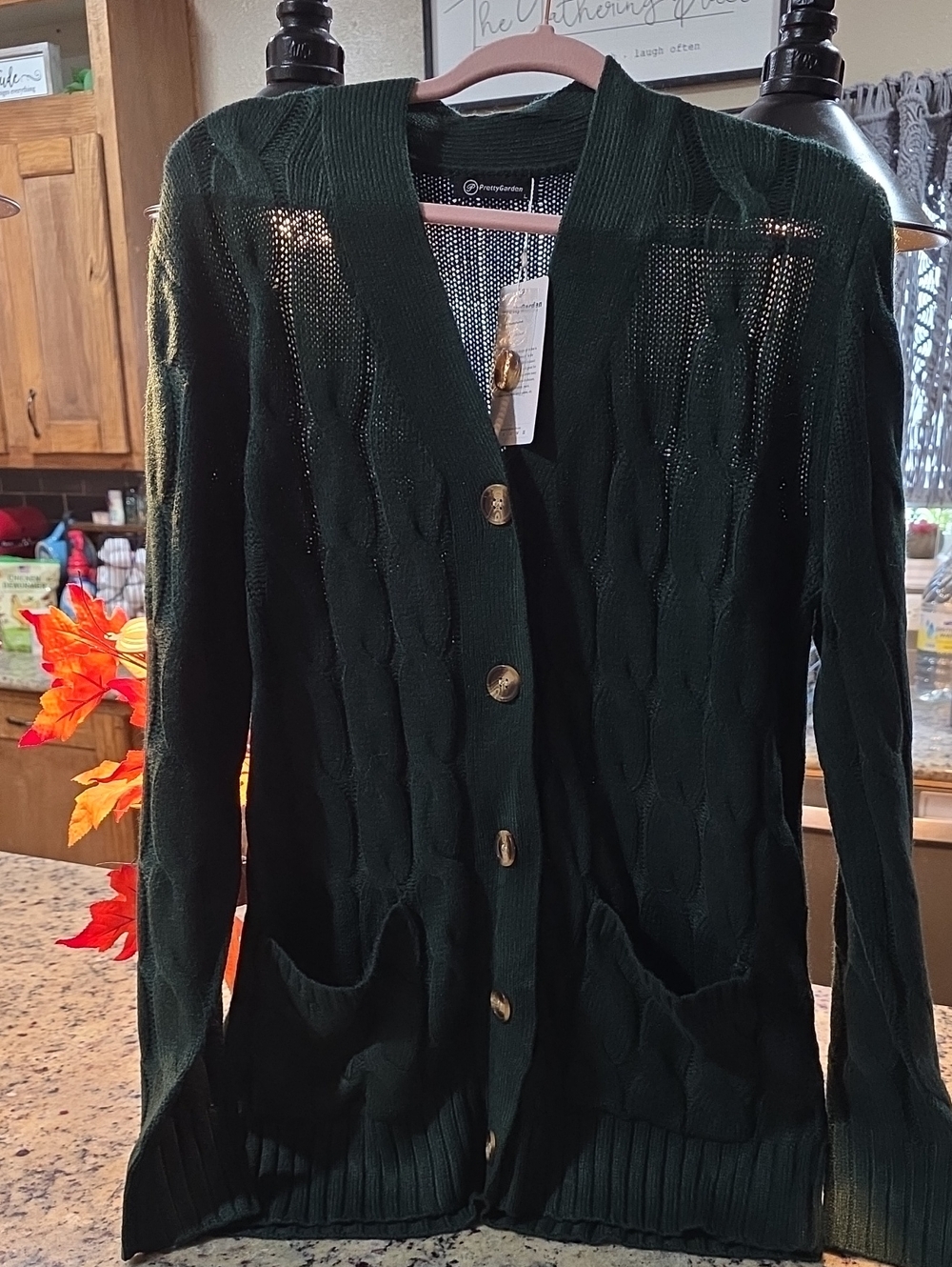 Open-Front Cable Knit Cardigan Sweater - Dark Green